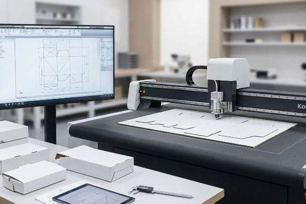Prototipos de embalaje de Kongsberg Mesa de corte digital CNC Kongsberg que marca con precisión una línea de troquelado de cartón blanco para embalaje, con un monitor que muestra el diseño.