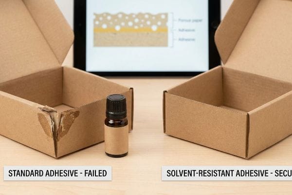Torn Kraft paper box with 'Standard Adhesive - Failed' next to a secure box with 'Solvent-Resistant Adhesive - Secure', showing an essential oil bottle.