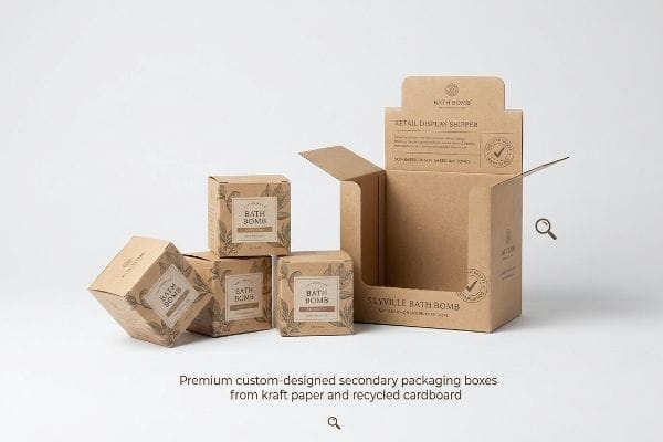Kraft Bath Bomb Packaging Kraft paper bath bomb boxes and an open retail display shipper, featuring Soy-Based Inks and Water-Based Varnishes for Seyville Bath Bomb products.