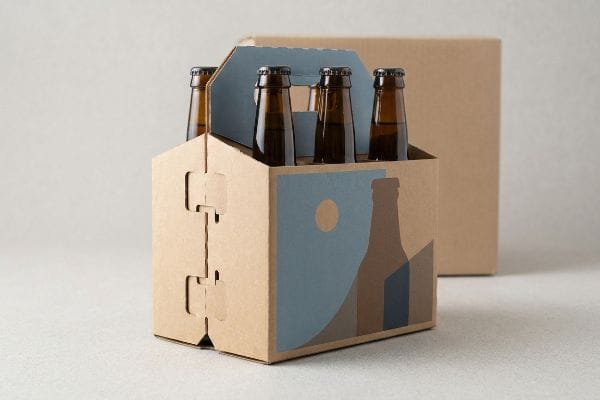 クラフト紙製のマルチパックキャリア。琥珀色のビール瓶4本入り。特注の青と茶色の抽象的なボトルデザインと、目立つロックタブが特徴です。.