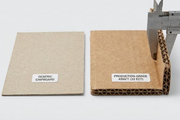 A caliper measures the thickness of Production-Grade Kraft (32 ECT) corrugated board next to a Generic Chipboard sample.