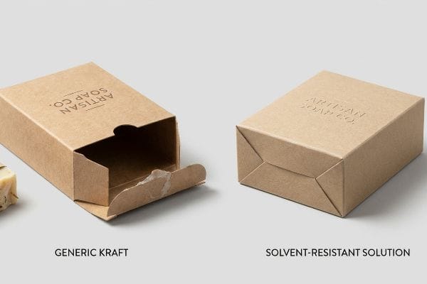 Brown kraft paperboard boxes showing Generic Kraft bottom flap failure versus intact Solvent-Resistant Solution for Artisan Soap Co. packaging.