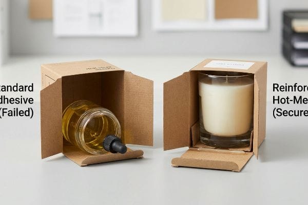 Adhesive Failure Comparison Natural Kraft paperboard boxes demonstrating a failed Standard Adhesive with a fallen glass bottle and a secure Reinforced Hot-Melt with an upright candle jar.