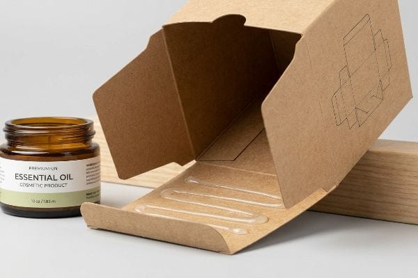 Essential Oil Box Adhesive Kraft paperboard box with clear adhesive on bottom flap next to an amber Essential Oil Cosmetic Product jar.