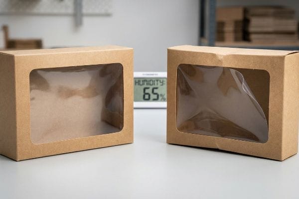 Humidity Window Distortion Two kraft paper window boxes, one flat and one with a bowed window, sit on a table with a hygrometer displaying Humidity: 65%.