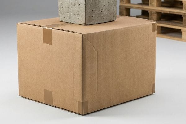 Durable kraft corrugated box with a concrete block on top, showcasing its strength for heavy merchandise and shipping.