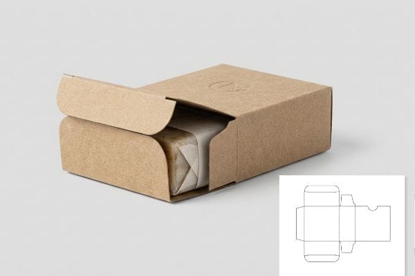 Partially open kraft paper soap box with a subtle embossed logo, revealing a wrapped product, shown with its die-cut template.