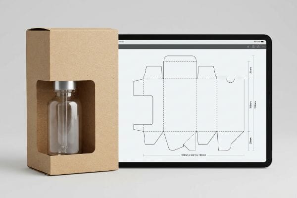 Brown kraft paper window box holding a glass vial, beside a tablet showing a structural dieline with 100mm x 50mm x 150mm dimensions.