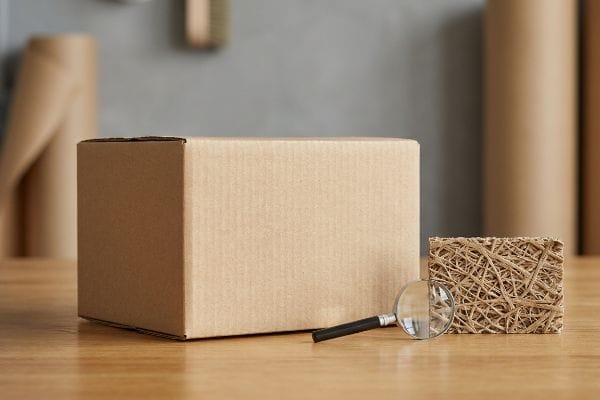 Brown kraft box packaging with a magnifying glass examining natural wood pulp fibers, highlighting material integrity.