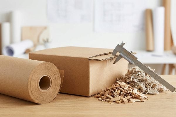 Kraft paper roll, corrugated box, and caliper measuring cardboard flap, alongside wood shavings, highlighting packaging material quality.