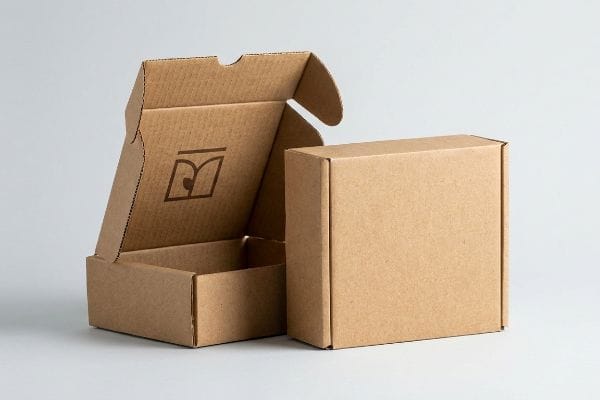 Kraft Corrugated Boxes Display Two kraft corrugated boxes, one open revealing a stylized M logo, beside a closed box, on a light background.