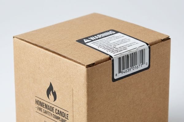 Candle Box Warning Label Brown kraft cardboard box displays a 'Warning' label with barcode 894639016710 on top, and 'Homemade Candle - Fire Safety Compliant' on the side.