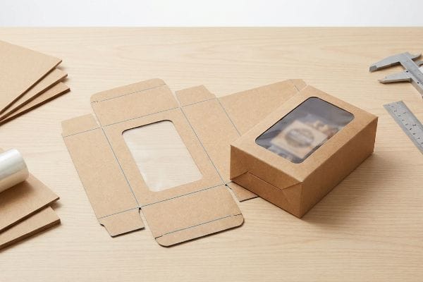 Assembling custom kraft boxes with window, showing a flat die-cut prototype, an assembled box, and design tools on a wooden desk.