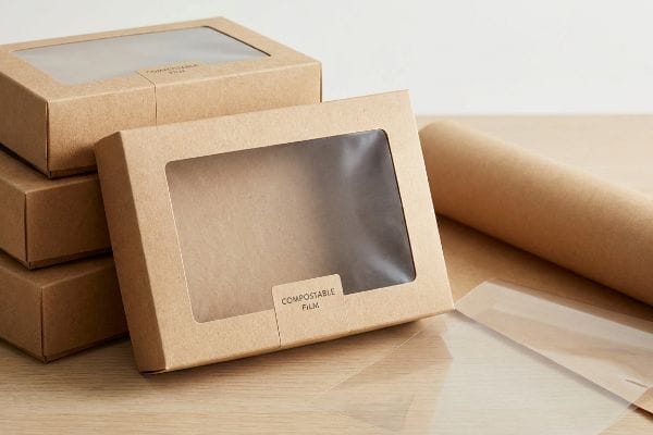 Brown Kraft boxes featuring clear Compostable Film windows are neatly stacked on a wooden table, with a roll of brown paper and transparent film.