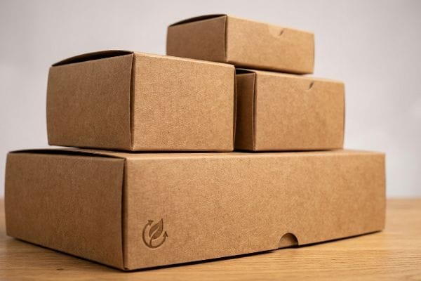 Multiple unbleached Kraft boxes stacked, showcasing an eco-friendly leaf recycling symbol on the front of the largest, highlighting sustainable packaging solutions.