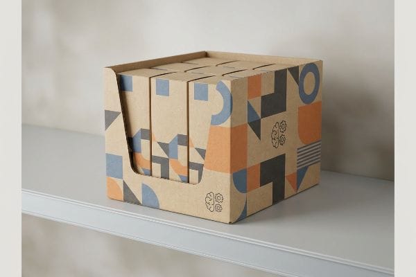 小売店向けパッケージディスプレイ 青、オレンジ、グレーのモダンな幾何学模様があしらわれ、脳の歯車を模したアイコンが描かれた、小売店向けのクラフト紙製ディスプレイボックスが、明るい棚の上に置かれている。.