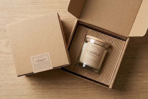 Candle Box Packaging An open kraft box with corrugated inserts holds a glass candle jar featuring a 'Candle Cedar Wood' label and wooden lid, positioned beside a closed kraft box on a light wood surface.