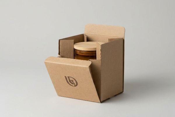 Open Kraft Candle Box An open kraft paperboard candle box reveals a glass jar with a wooden lid, securely held by internal structural inserts, on a light background.