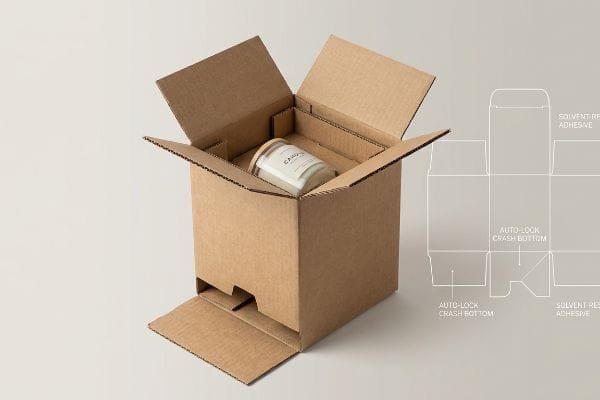 Candle Shipping Box Brown corrugated Kraft box with an Auto-Lock Crash Bottom, holding a 'Candle' jar, next to a diagram of Solvent-Resistant Adhesive.