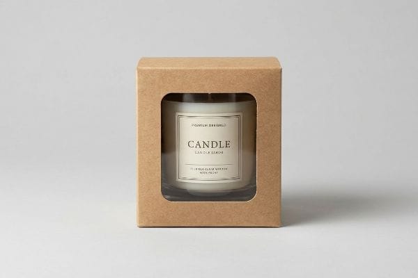 Kraft Candle Window Box Brown kraft box with a die-cut window revealing a Premium Designed Candle in a glass jar, highlighting its Flexible Clear Window With Front.