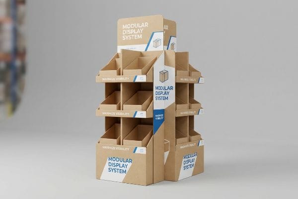 Modular Retail Display System A multi-tiered kraft cardboard Modular Display System with bins, promoting Maximize Visibility in retail.