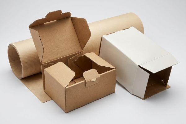 Eco-Friendly Packaging Materials Brown kraft paper roll, open corrugated cardboard boxes in natural brown and white, showcasing eco-friendly packaging solutions.