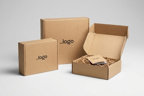 Three brown kraft corrugated boxes, two closed with '..logo' branding, and one open with shredded paper filler and a small branded card.