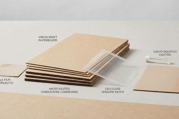Virgin Kraft Paperboard, Micro-Fluted Corrugated Cardboard, Cellulose Window Patch, Pla Film, and Liquid Aqueous Coating.