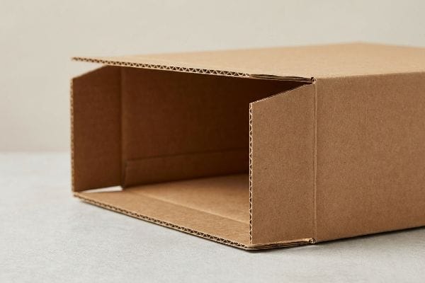 Open Kraft Corrugated Box An open, empty brown kraft corrugated box displaying its fluted edges and sturdy construction.