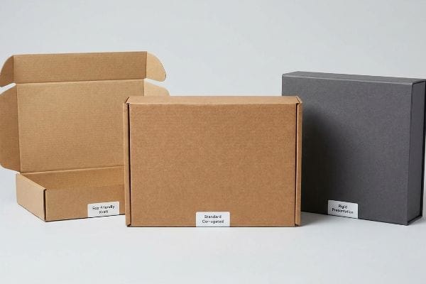 Comparaison des types de boîtes d'expédition Trois boîtes d'expédition distinctes : une boîte ouverte en carton kraft écologique, une boîte fermée en carton ondulé standard et une boîte de présentation rigide gris foncé.