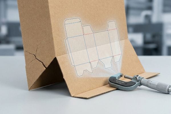 Brown Kraft cardboard box shows a severe crease crack, with a dieline overlay and a micrometer measuring virgin board thickness.
