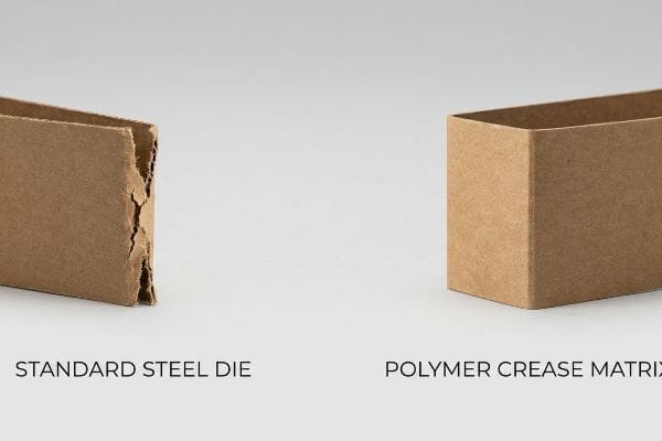 Jagged kraft board fold from a Standard Steel Die contrasts with a smooth, 90-degree corner from a Polymer Crease Matrix.