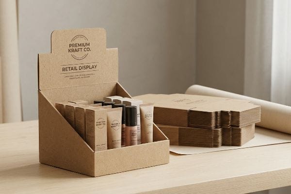 A rustic retail display box by Premium Kraft Co. showcasing cosmetic products, alongside flat-packed Kraft boxes and a paper roll.