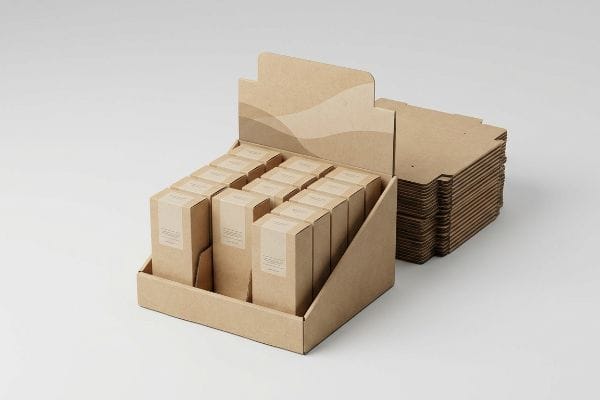 Kraft Thekenaufstellerboxen Eine Thekenaufstellerbox aus Kraftkarton, gefüllt mit kleinen Produktkartons, daneben ein Stapel unmontierter Flatpack-Vorlagen.
