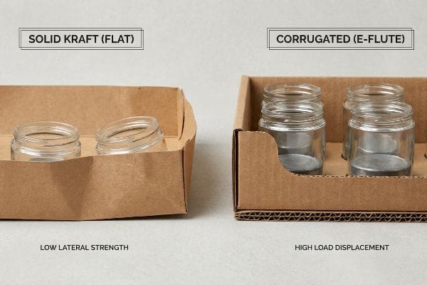 Solid Kraft (Flat) tray with Low Lateral Strength vs. Corrugated (E-Flute) with High Load Displacement, holding glass jars.