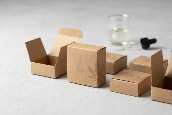 CBD Packaging Boxes Kraft paperboard boxes, one open, one with embossed droplet and cannabis leaf, for PFAS-free CBD packaging.