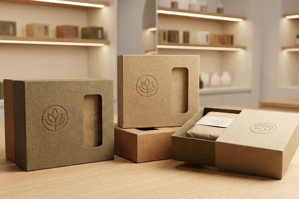 Eco-friendly Soap Packaging Three eco-friendly soap packaging boxes, two with window cutouts and an embossed leaf logo, one open revealing a wrapped product, all crafted from natural kraft paper.
