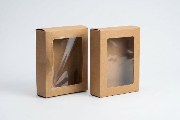 Kraft Paper Window Boxes Two empty brown Kraft paper window boxes with clear flexible cellulose film, ideal for wholesale packaging.