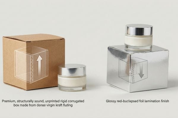 Virgin kraft corrugated box and glossy silver foil box with cosmetic jars, showing 'Premium, Structurally Sound' and 'Glossy Red-Buclapsed Foil Lamination Finish'.