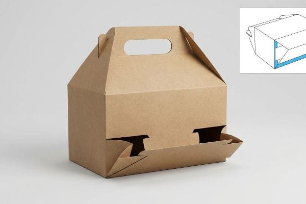 Kraft Gable Box Bottom Brown Kraft paperboard gable box with an integrated handle and partially open auto-locking crash bottom, featuring an inset diagram.