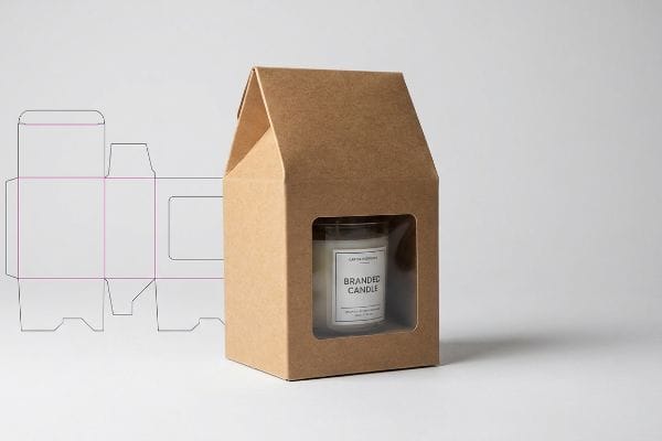 Brown kraft paper gable box with a window cutout displaying a Branded Candle, next to its die-cut template.