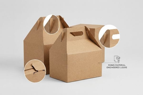 Kraft Gable Box Locks Brown kraft paper custom gable boxes showcasing Mono-Material Engineered Locks and integrated handles for secure, eco-friendly packaging.