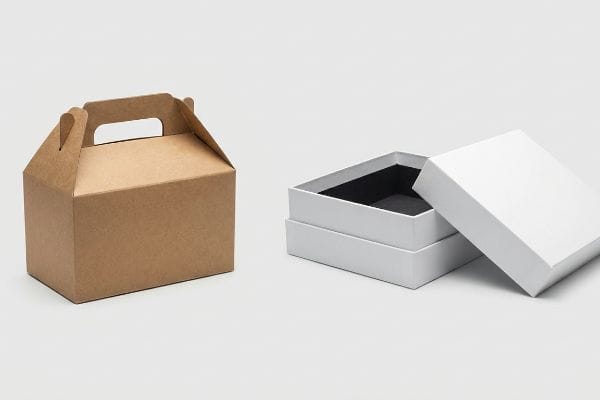 Gable and Gift Boxes Brown kraft paperboard gable box with integrated carrying handle, beside a white rigid gift box featuring a partially open telescoping lid and black interior.