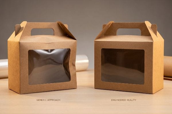 Warped vs Flat Windows Two brown Kraft gable boxes with clear windows, showing a warped 'Generic Approach' box next to a flat 'Engineered Reality' box, illustrating window patch tension.