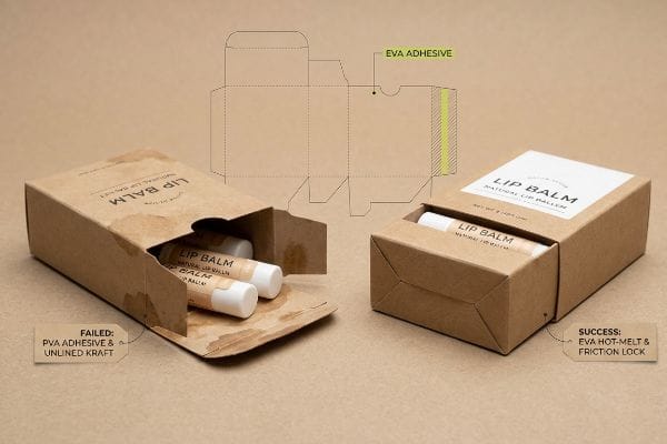 Kraft lip balm boxes show packaging failure with PVA Adhesive and Unlined Kraft versus success with EVA Hot-Melt and Friction Lock, with a die-cut template.