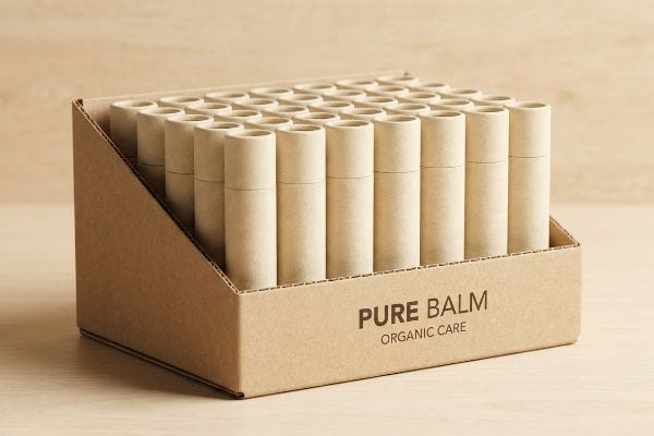 Pure Balm Display Box Natural kraft cardboard display box showcasing rows of Pure Balm Organic Care lip balm tubes.