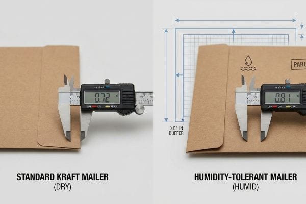 Vergleich der Quellung von Mailern Kraft-Versandtaschen, gemessen mit einem digitalen Messschieber: Eine Standard-Kraft-Versandtasche mit 0,72 Zoll (trocken) im Vergleich zu einer feuchtigkeitstoleranten Versandtasche mit 0,81 Zoll (feucht) mit einem 0,04 Zoll Pufferdiagramm.