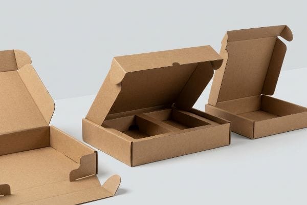 Open brown kraft mailer boxes, one featuring four internal compartments, showcasing structurally engineered packaging for retail presentations.