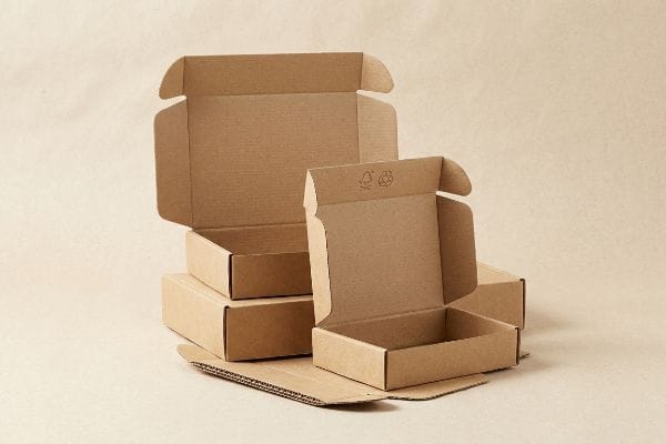 Kraft-Versandkartons Offene, leere Versandkartons aus Kraftpapier mit gut sichtbaren Recycling-Symbolen auf den inneren Laschen, gestapelt auf einer hellbeigen Fläche.