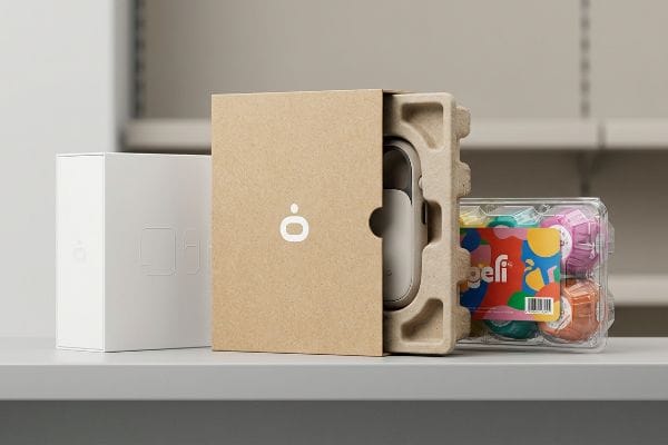 Diverse Retail Product Packaging A retail shelf showcasing diverse product packaging: a kraft box with a device in a molded pulp insert, a white box, and a clear Gelfi container with colorful spheres.